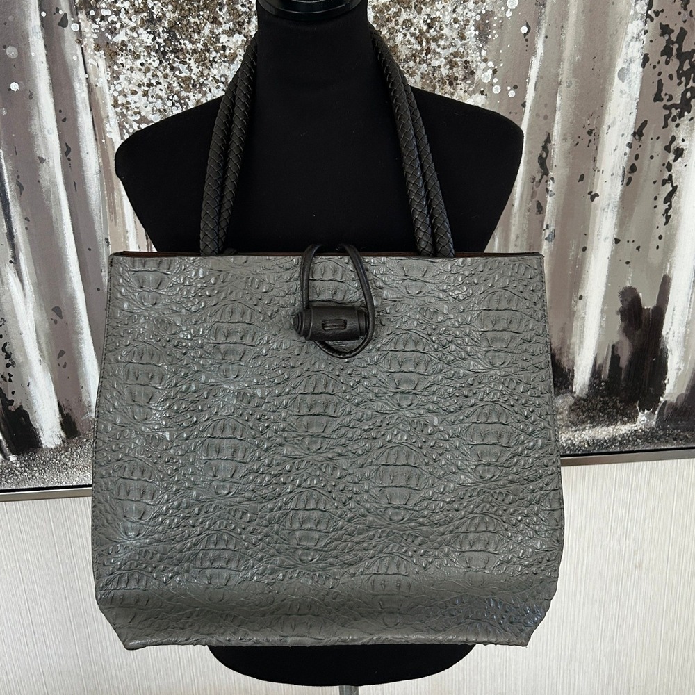 Gray Faux Crocodile-Embossed Dual Braided Top Closure Buckle Large Tote Bag